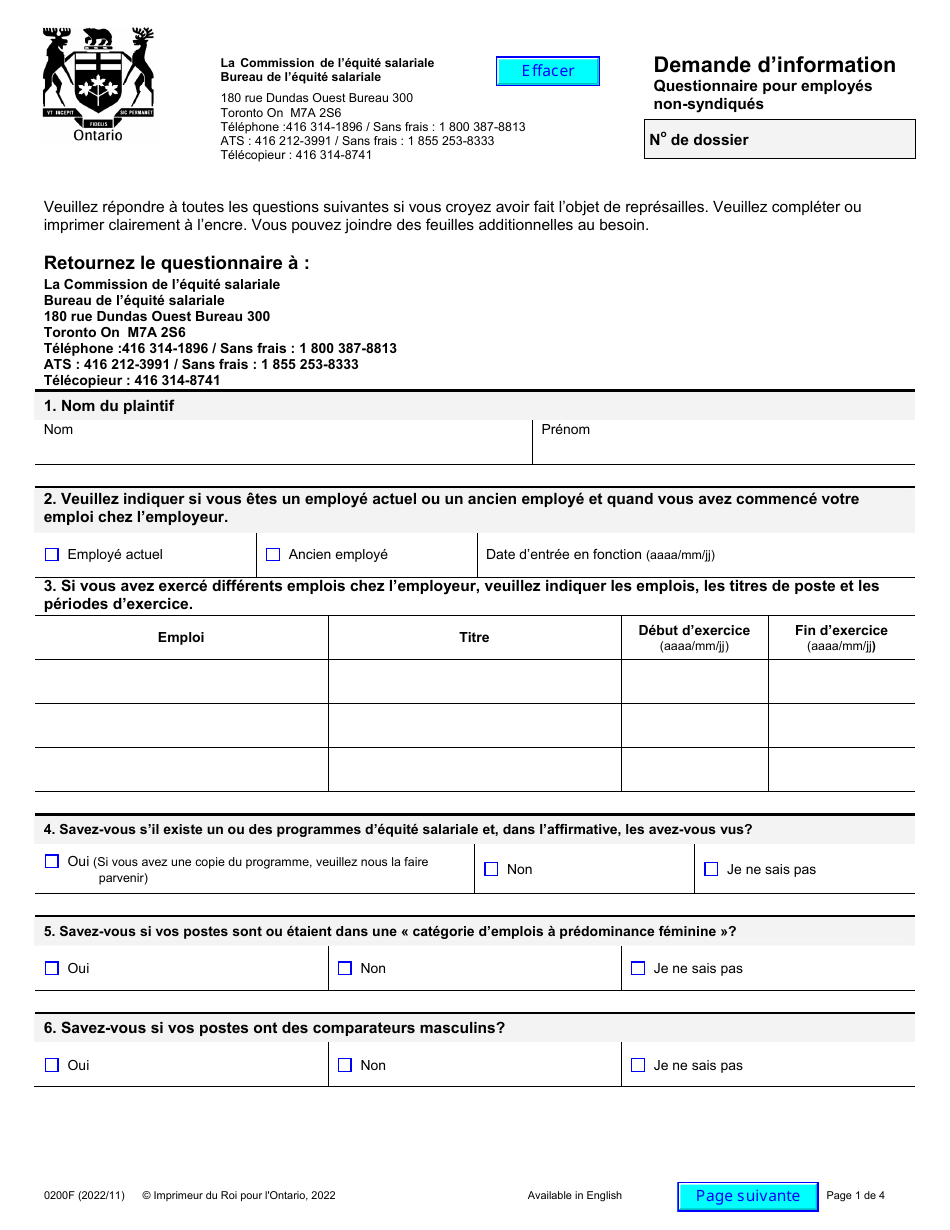 Forme 0200F Demande Dinformation - Questionnaire Pour Employes Non-syndiques - Ontario, Canada (French), Page 1
