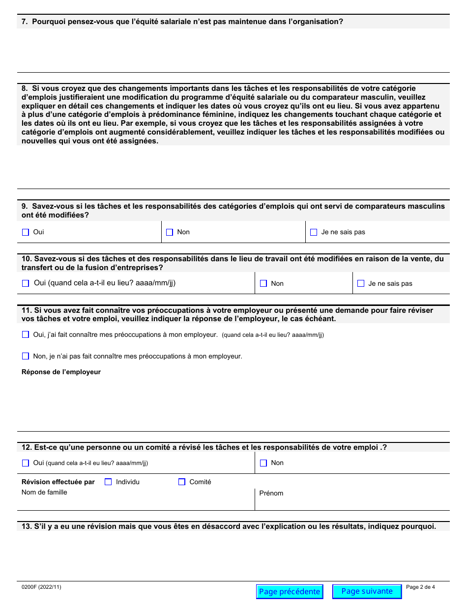 Forme 0200F Demande Dinformation - Questionnaire Pour Employes Non-syndiques - Ontario, Canada (French), Page 2