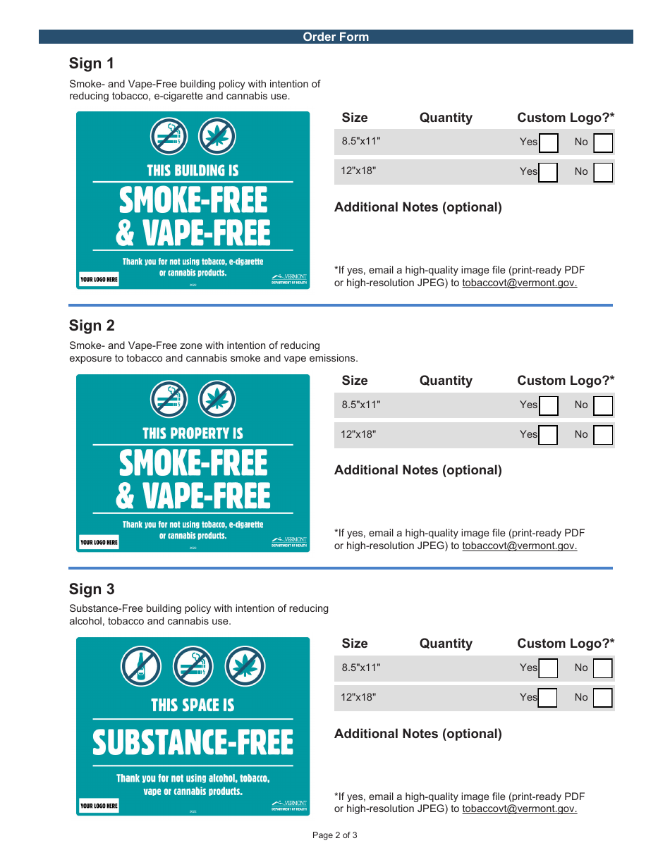 Signage Order Form - Vermont, Page 2