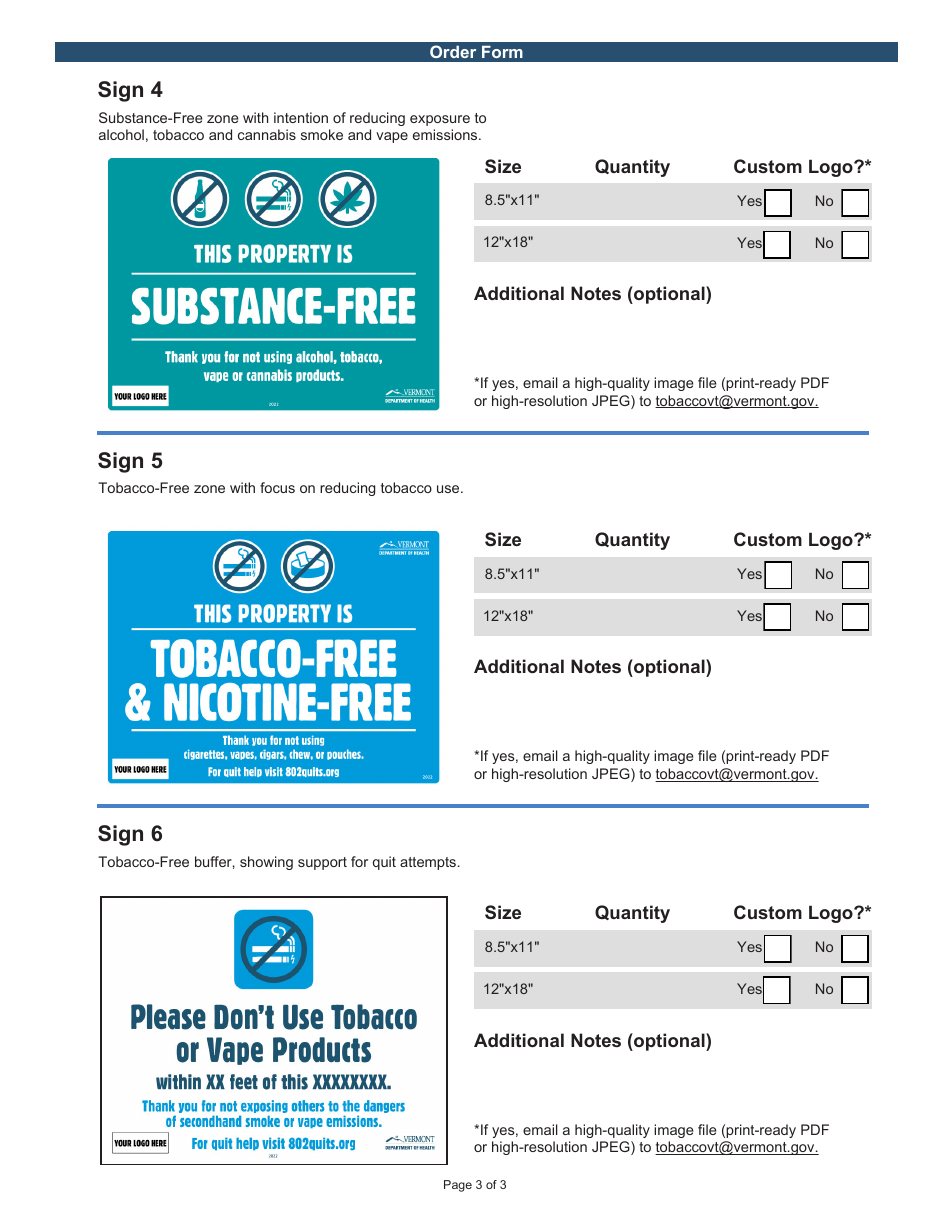 Signage Order Form - Vermont, Page 3