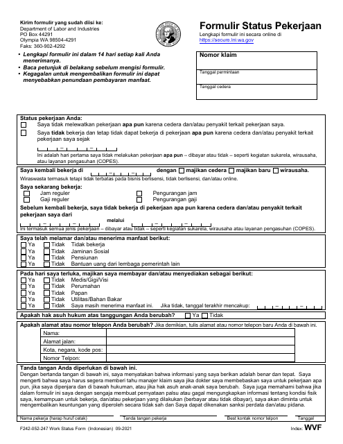 Form F242-052-247 Work Status Form - Washington (Indonesian (Bahasa Indonesia))