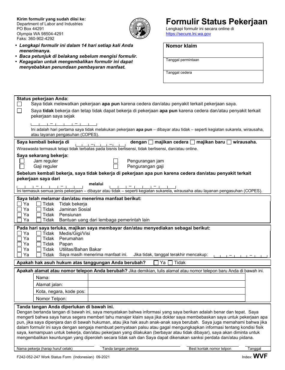 Form F242-052-247 Work Status Form - Washington (Indonesian (Bahasa Indonesia)), Page 1