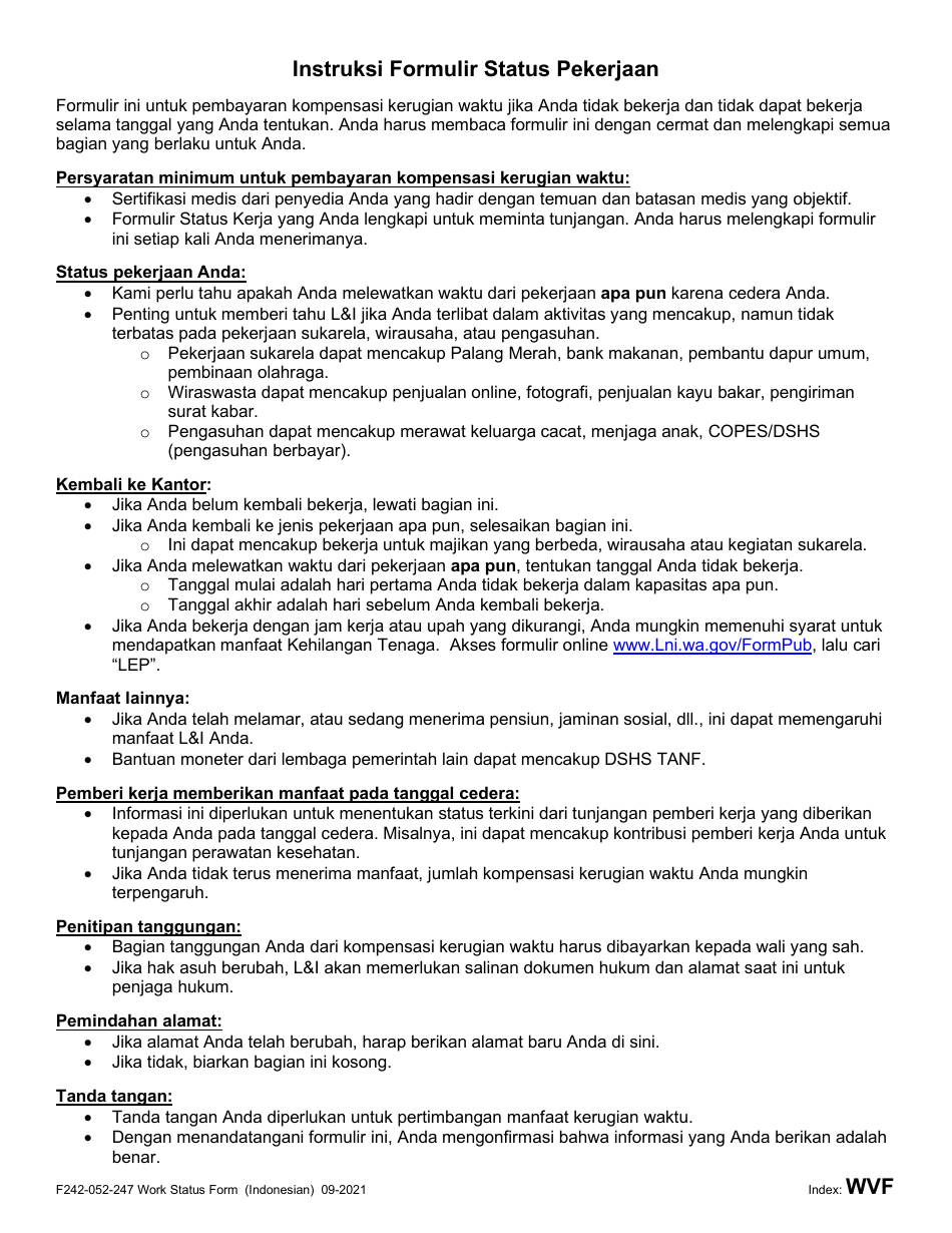 Form F242-052-247 Work Status Form - Washington (Indonesian (Bahasa Indonesia)), Page 2