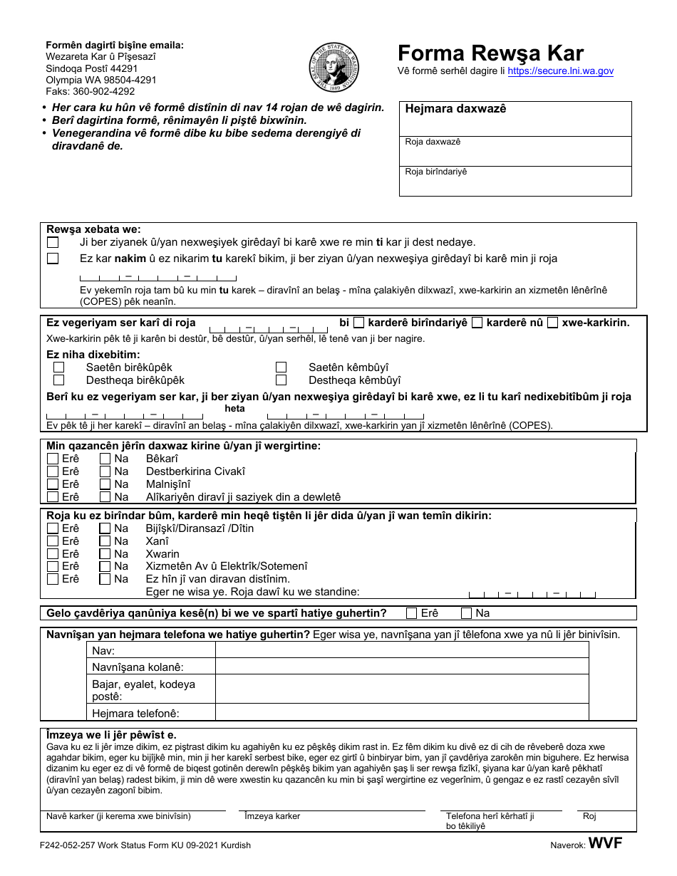 Form F242-052-257 Work Status Form - Washington (Kurdish), Page 1