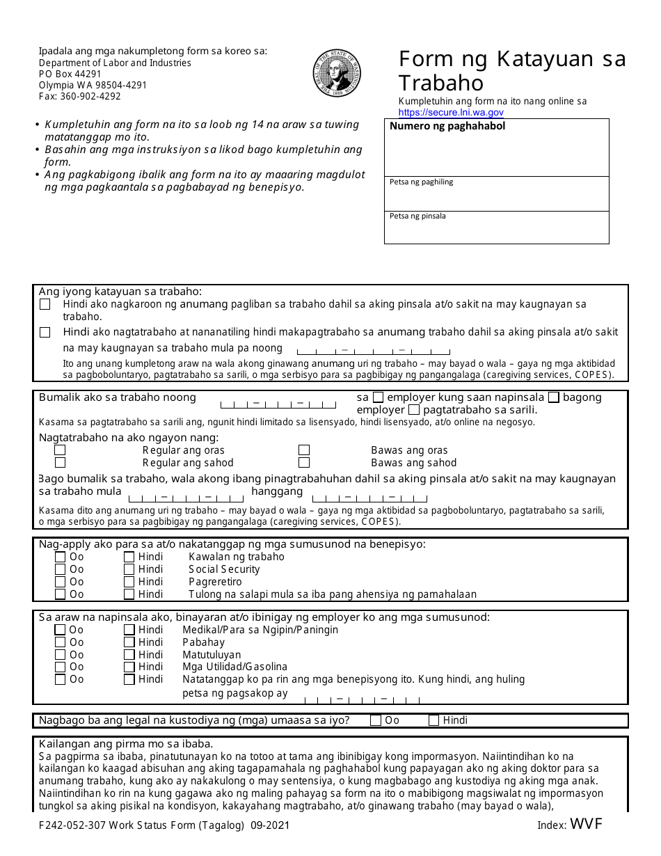 Form F242-052-307 Work Status Form - Washington (Tagalog), Page 1
