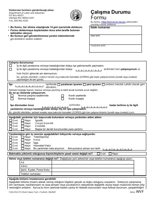 Form F242-052-315 Work Status Form - Washington (Turkish)