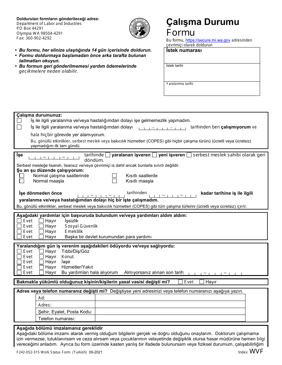 Form F242-052-315 Work Status Form - Washington (Turkish), Page 1