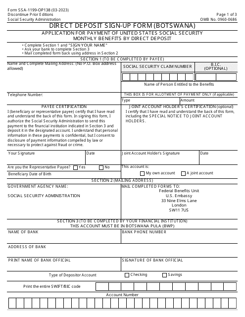 Form SSA-1199-OP138 Direct Deposit Sign-Up Form (Botswana)