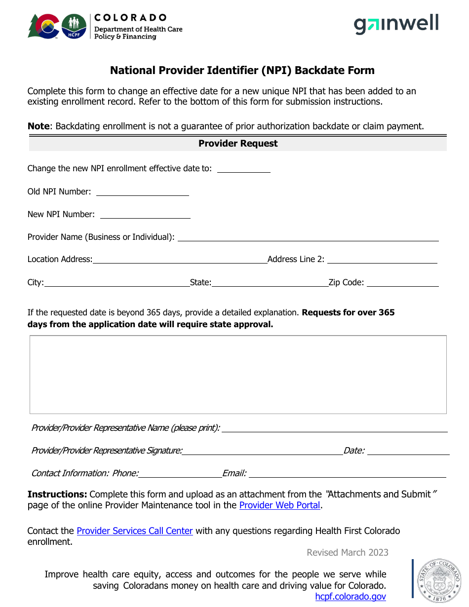 Colorado national provider identifier npi backdate form fill out