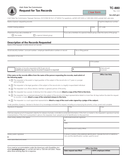 Form TC-880 Utah Request for Tax Records - Utah