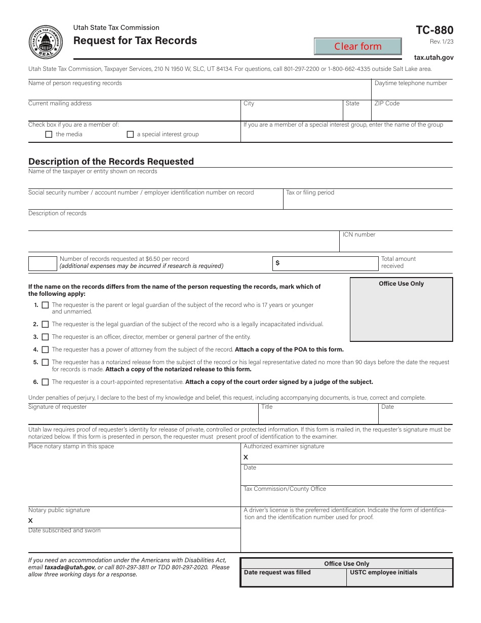 Form TC-880 Download Fillable PDF or Fill Online Utah Request for Tax ...