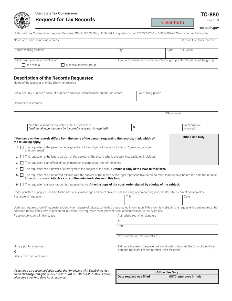 Form TC-880 Utah Request for Tax Records - Utah, Page 1