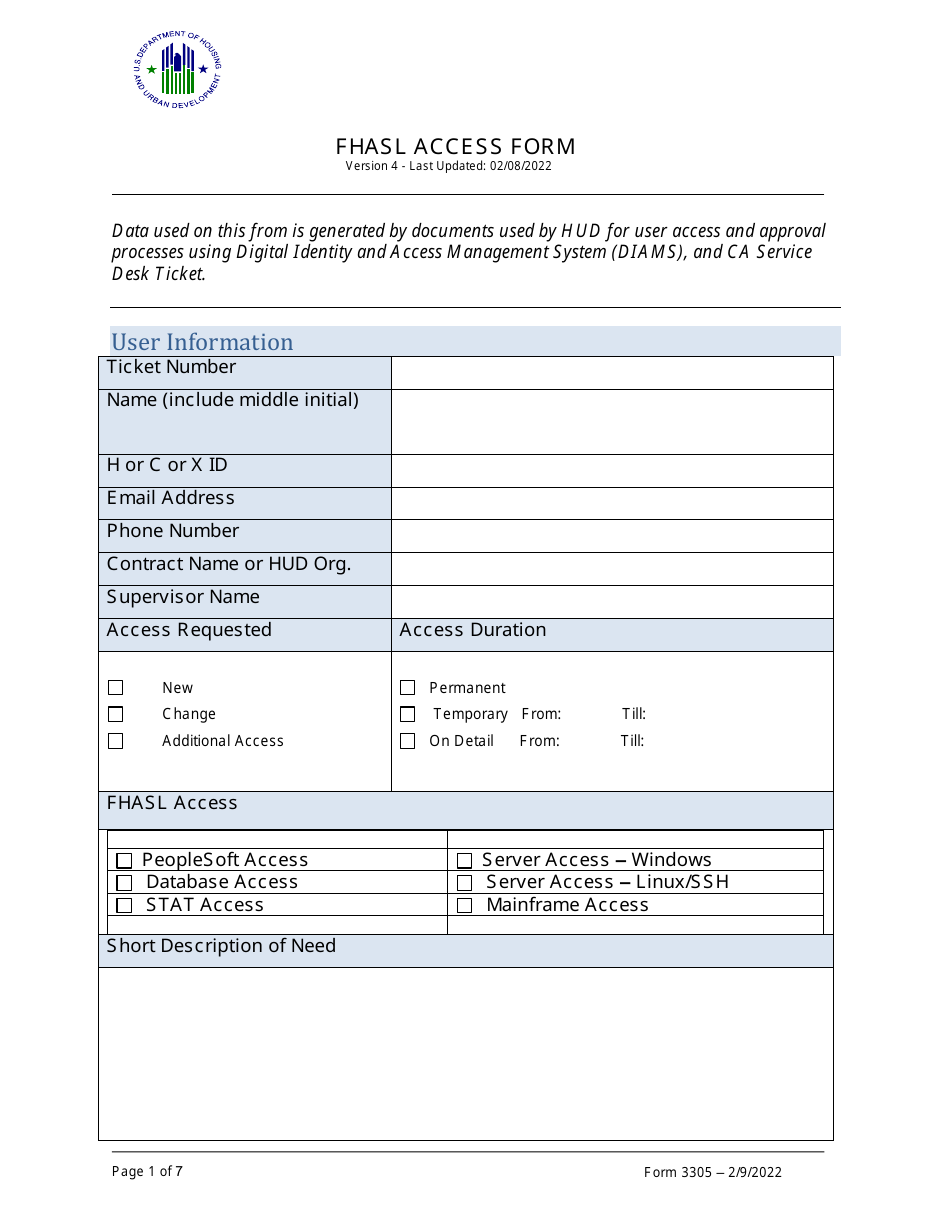 Form 3305 Fhasl Access Form, Page 1