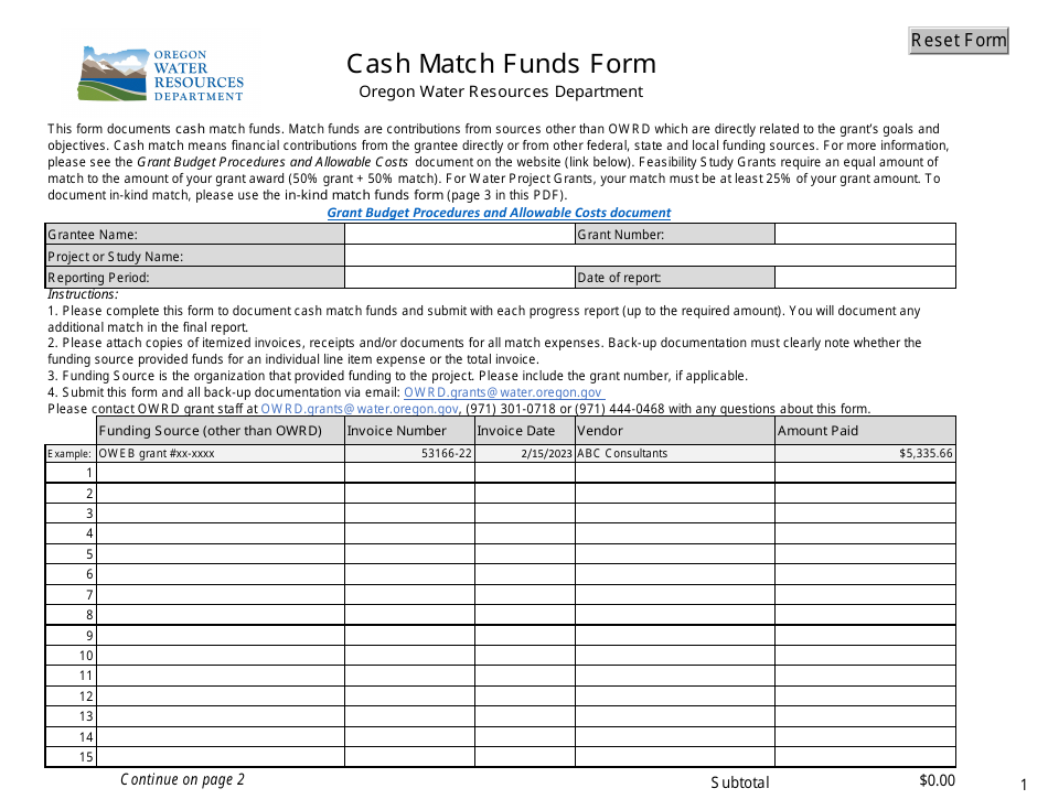 Cash Match Funds Form - Oregon, Page 1
