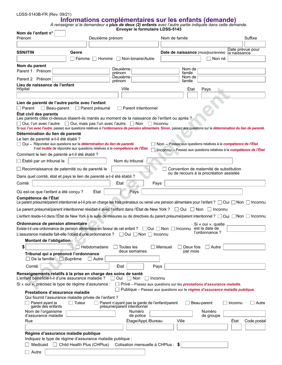 Form LDSS-5143B Additional Child Information (Application) - New York (French), Page 1