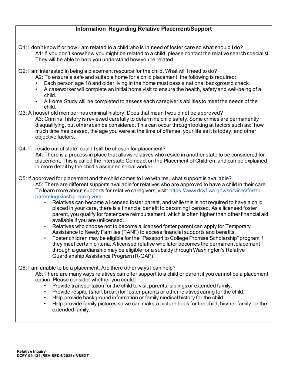 DCYF Form 09-134 Relative Inquiry - Washington, Page 1