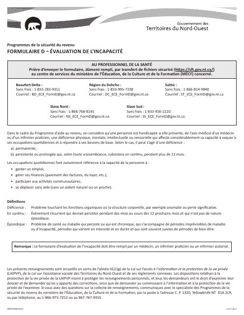 Forme D (NWT9386) Evaluation De L'incapacite - Programmes De La Securite Du Revenu - Northwest Territories, Canada (French)