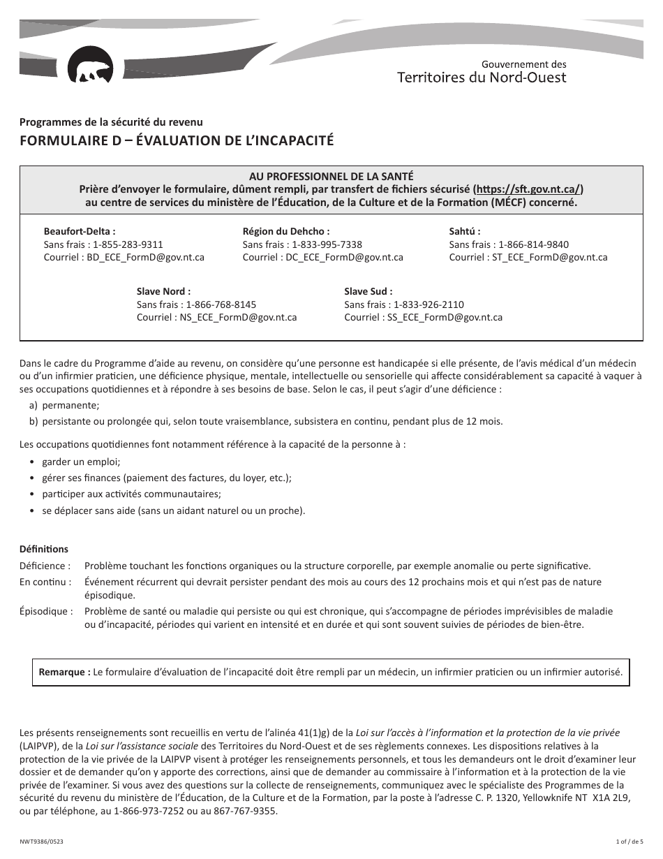 Forme D (NWT9386) Evaluation De Lincapacite - Programmes De La Securite Du Revenu - Northwest Territories, Canada (French), Page 1