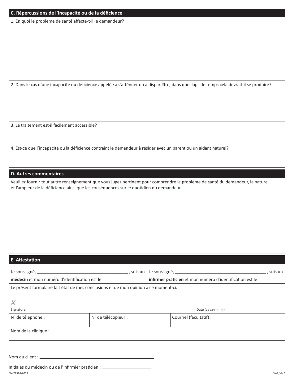 Forme D (NWT9386) Evaluation De Lincapacite - Programmes De La Securite Du Revenu - Northwest Territories, Canada (French), Page 3