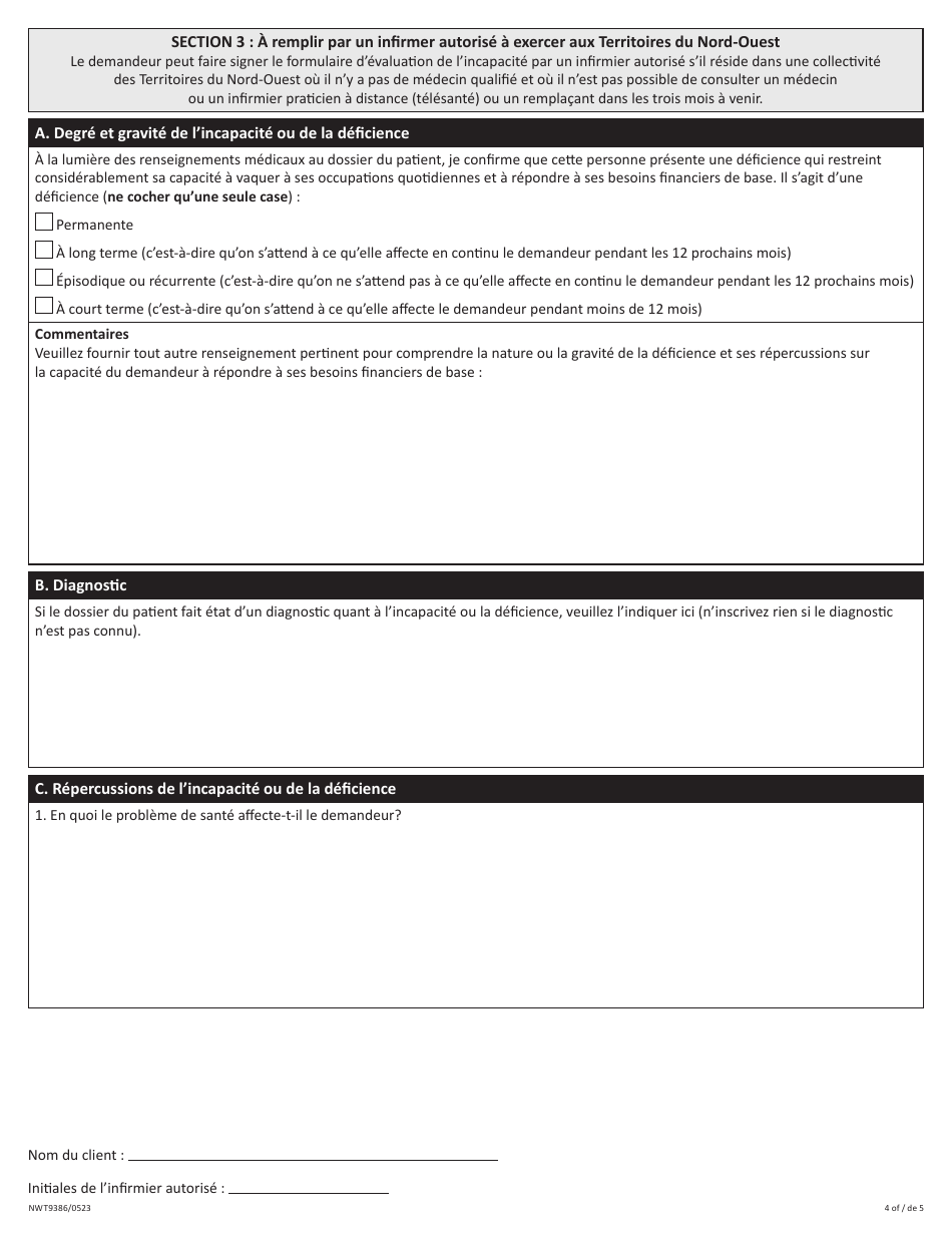 Forme D (NWT9386) Evaluation De Lincapacite - Programmes De La Securite Du Revenu - Northwest Territories, Canada (French), Page 4