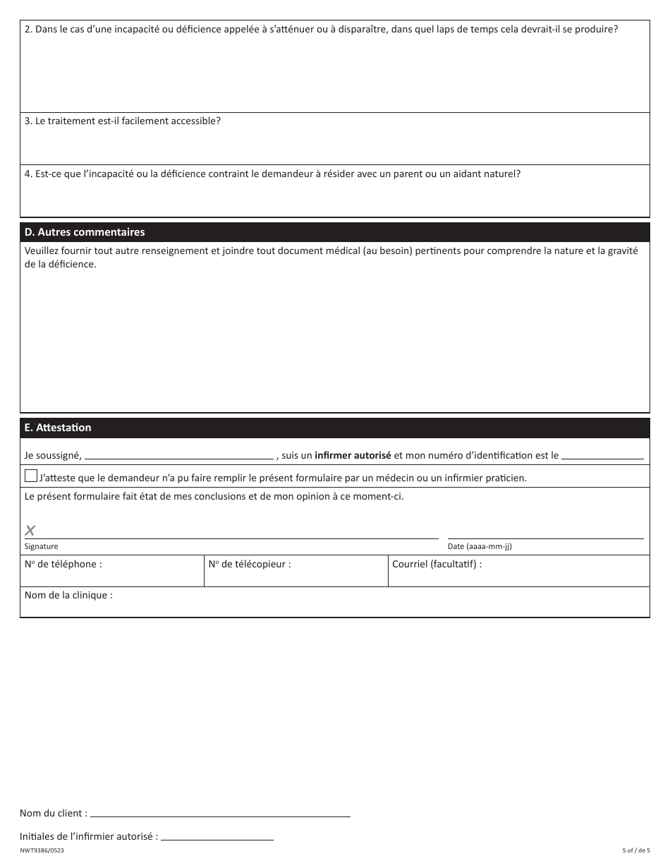 Forme D (NWT9386) Evaluation De Lincapacite - Programmes De La Securite Du Revenu - Northwest Territories, Canada (French), Page 5