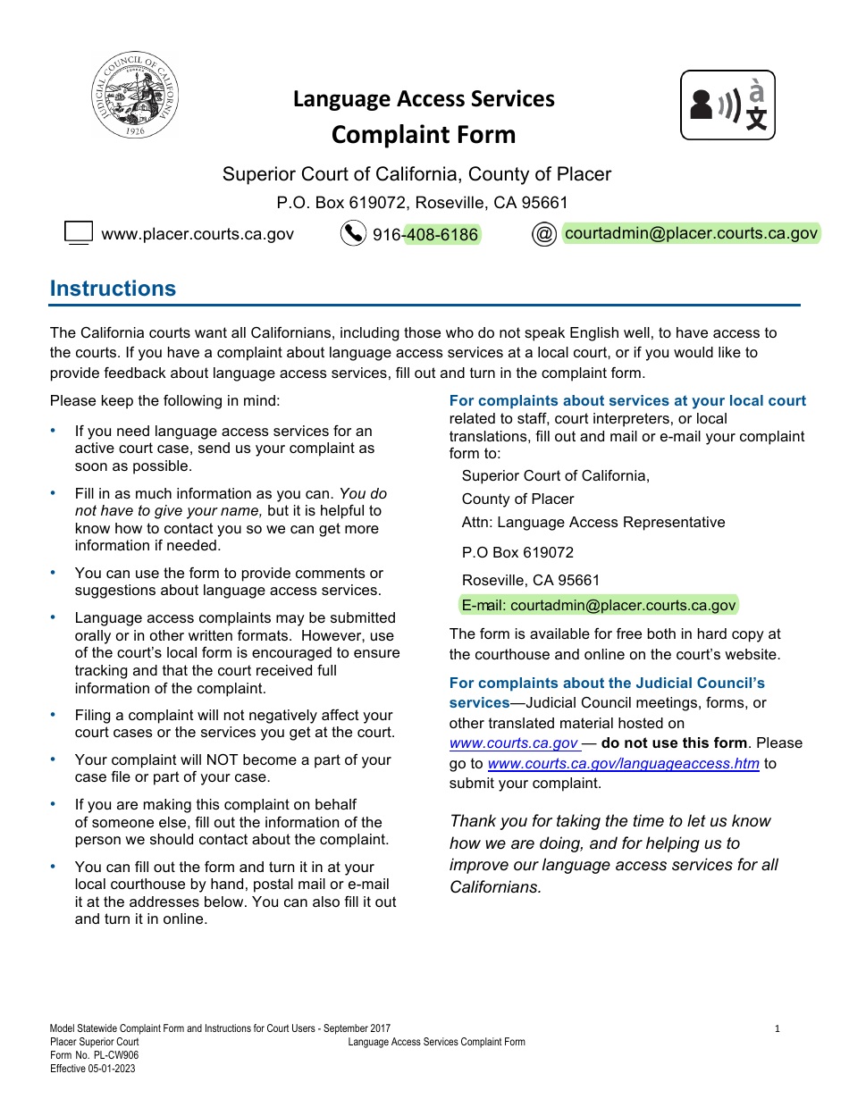 Form PL-CW906 Download Fillable PDF or Fill Online Language Access ...
