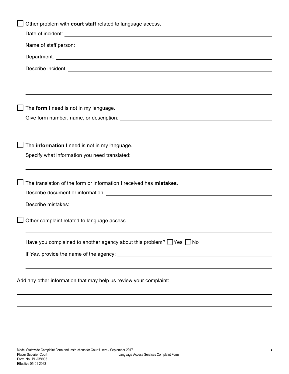 Form PL-CW906 Language Access Services Complaint Form - County of Placer, California, Page 3