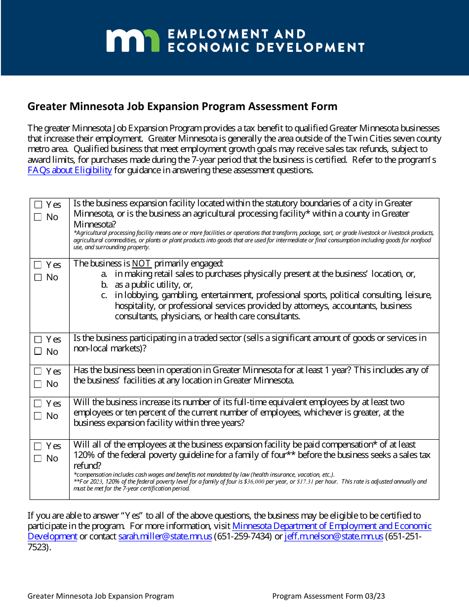 Greater Minnesota Job Expansion Program Assessment Form - Minnesota, Page 1