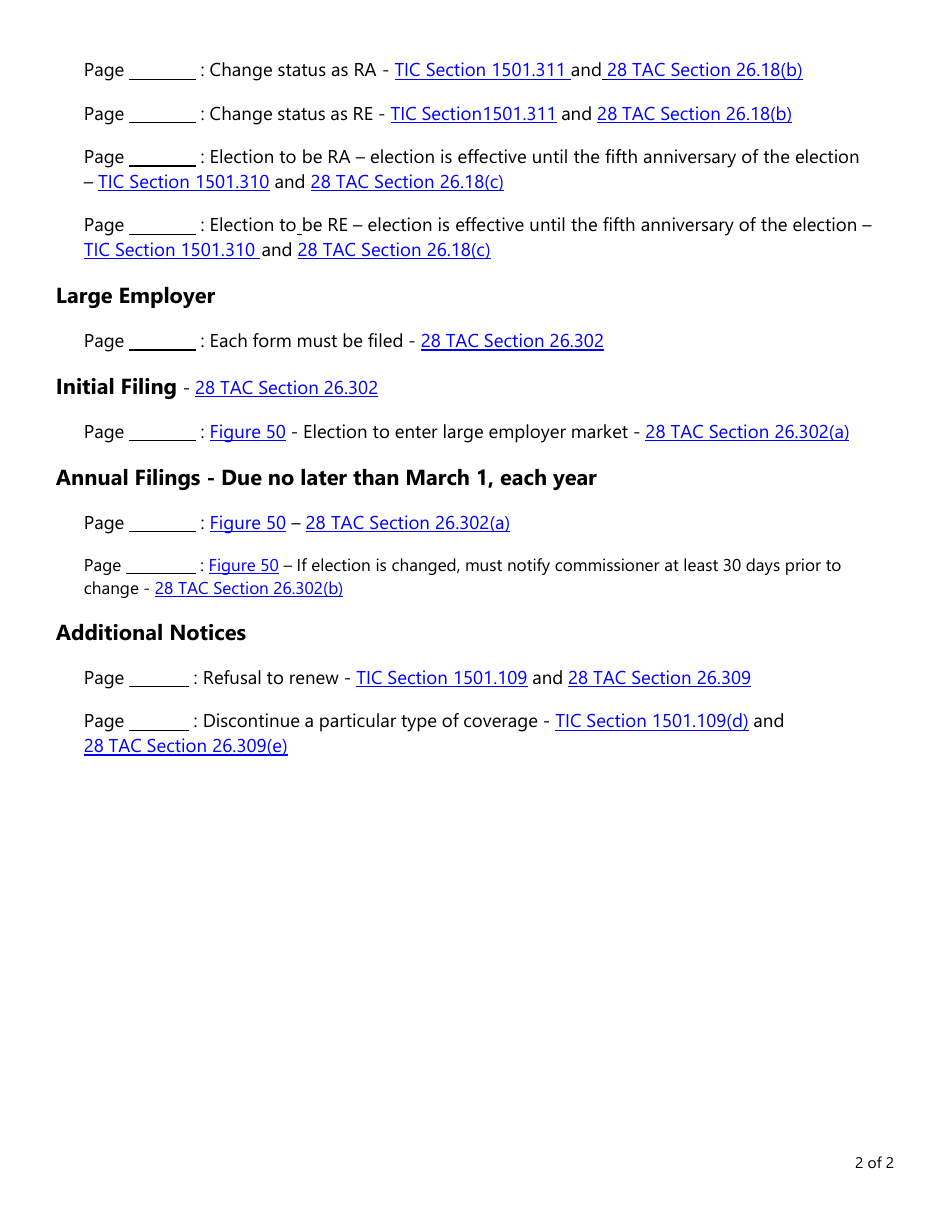 Form AH008 Group Health Employer Market Form Filing Checklist - Figure 40, 42, 47, 48, and 50 Filings - Texas, Page 2