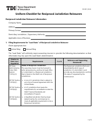 Document preview: Form FIN187 Uniform Checklist for Reciprocal Jurisdiction Reinsurers - Texas
