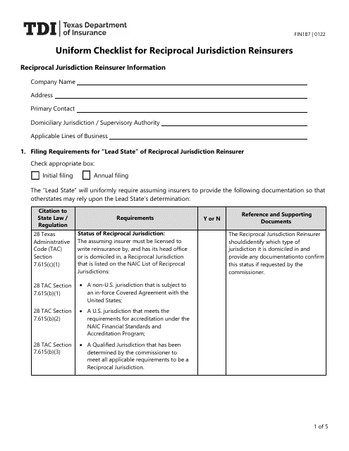 Form FIN187 Uniform Checklist for Reciprocal Jurisdiction Reinsurers - Texas