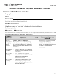 Form FIN187 Uniform Checklist for Reciprocal Jurisdiction Reinsurers - Texas