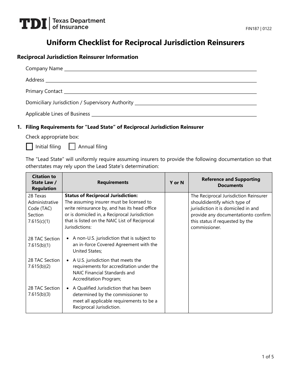 Form FIN187 Uniform Checklist for Reciprocal Jurisdiction Reinsurers - Texas, Page 1