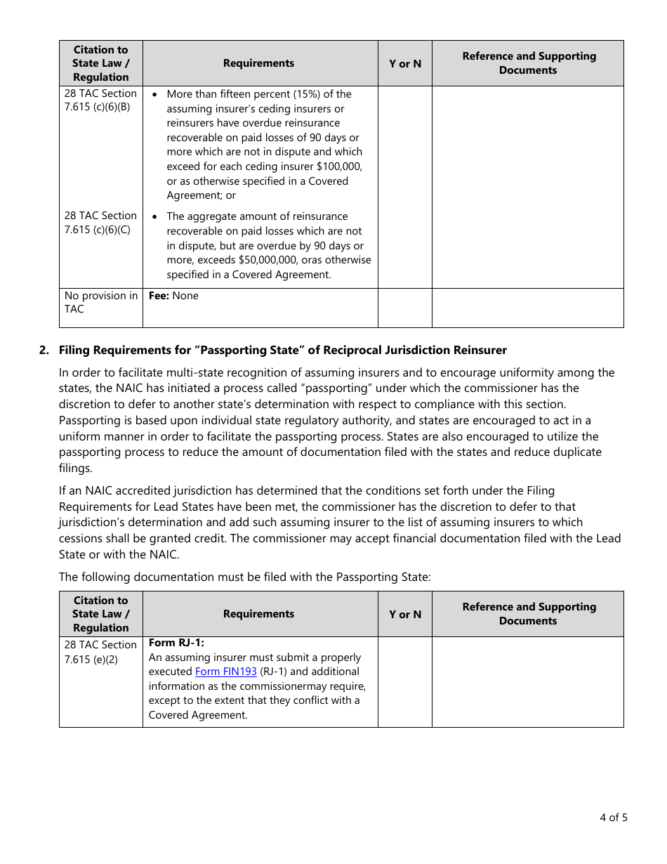 Form FIN187 Uniform Checklist for Reciprocal Jurisdiction Reinsurers - Texas, Page 4