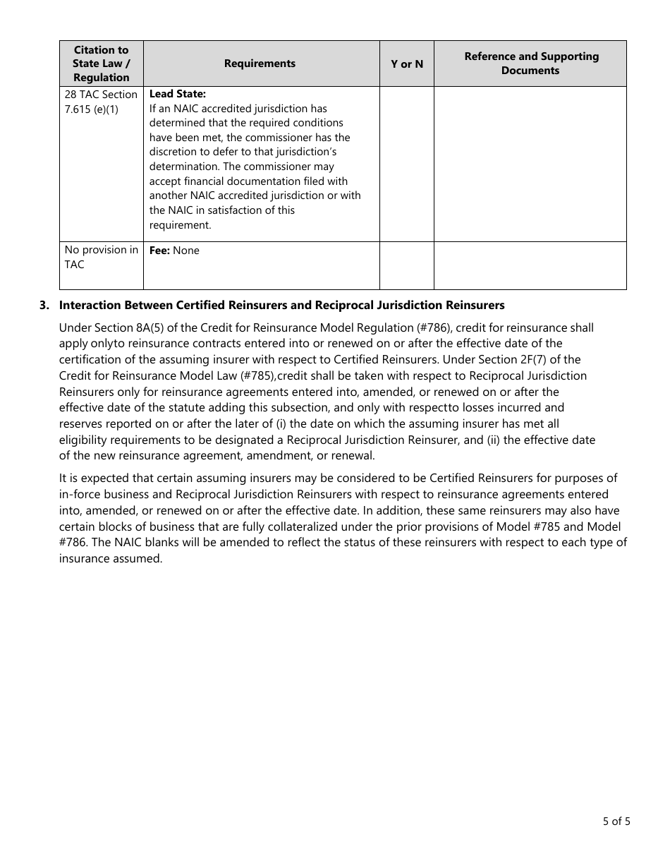 Form FIN187 Uniform Checklist for Reciprocal Jurisdiction Reinsurers - Texas, Page 5