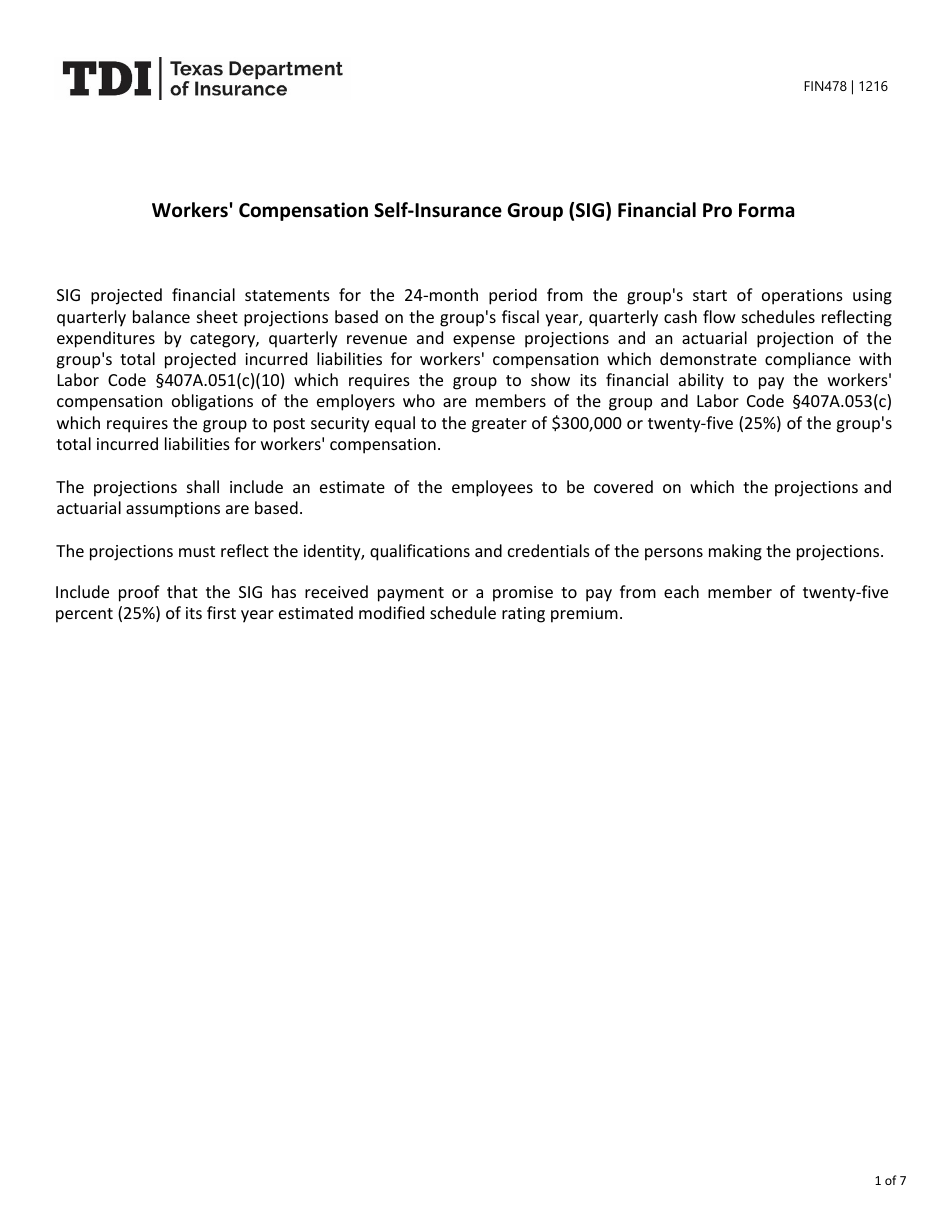 Form FIN478 Workers Compensation Self-insurance Group (Sig) Financial Pro Forma - Texas, Page 1