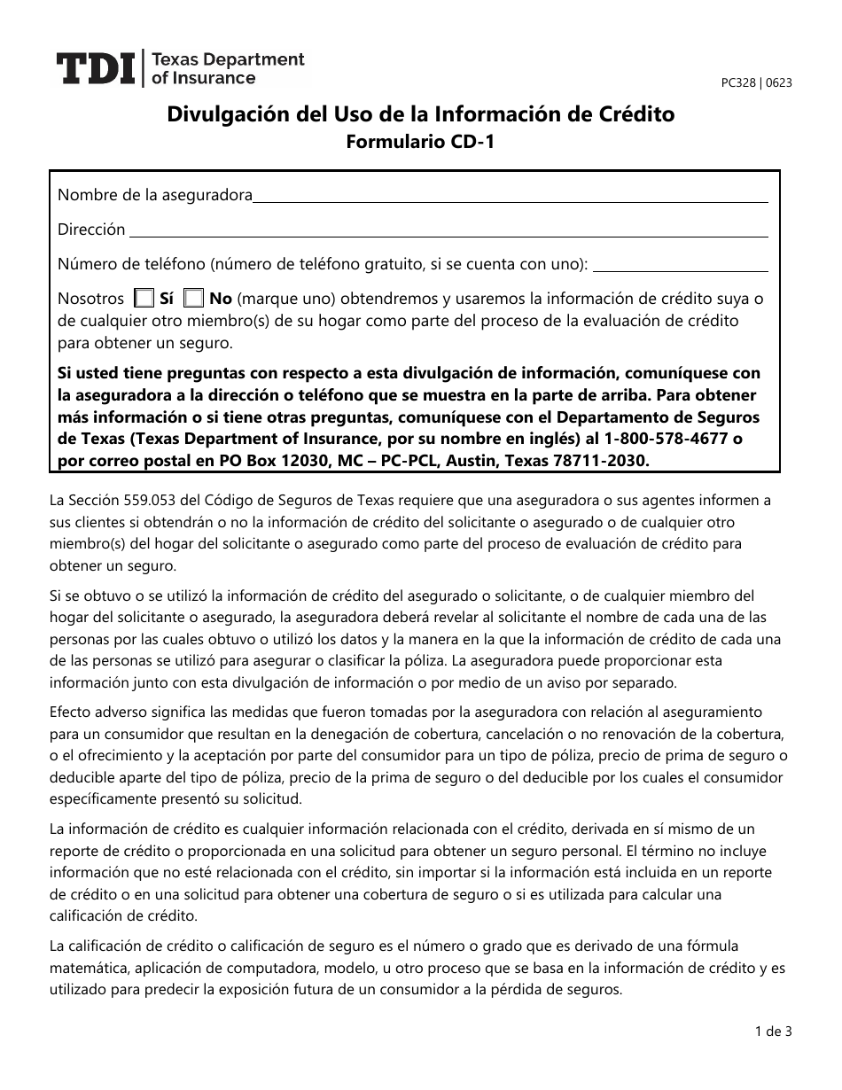 Formulario PC328 (CD-1) Divulgacion Del Uso De La Informacion De Credito - Texas (Spanish), Page 1