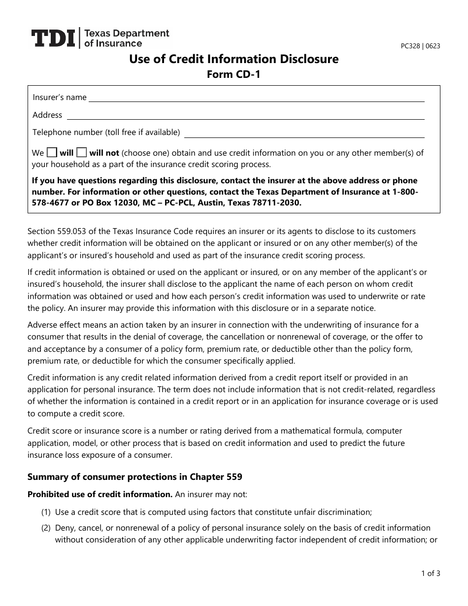 Form PC328 (CD-1) Use of Credit Information Disclosure - Texas, Page 1