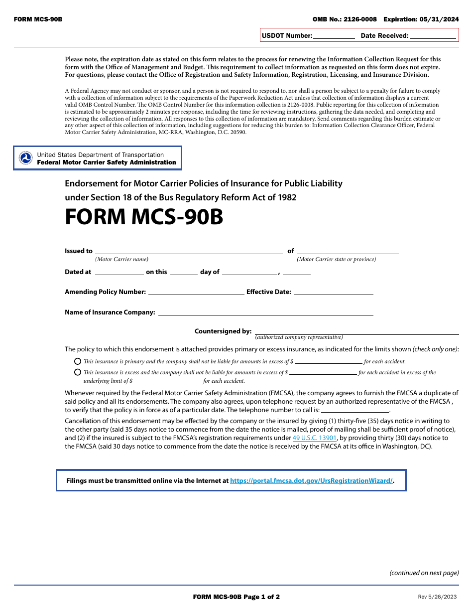 Form MCS-90B Endorsement for Motor Carrier Policies of Insurance for Public Liability Under Section 18 of the Bus Regulatory Reform Act of 1982, Page 1
