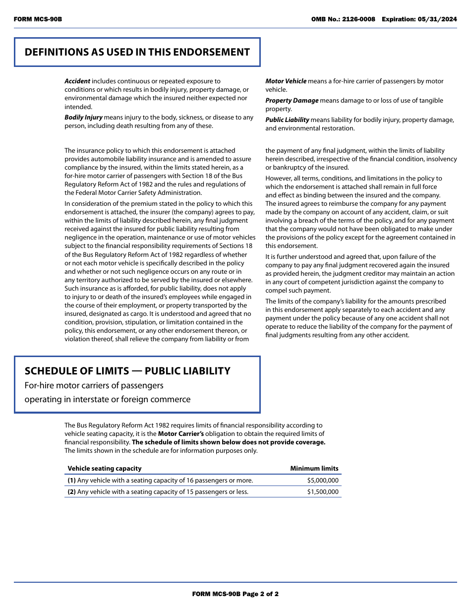 Form MCS-90B Endorsement for Motor Carrier Policies of Insurance for Public Liability Under Section 18 of the Bus Regulatory Reform Act of 1982, Page 2