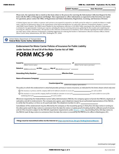 Form MCS-90 Endorsement for Motor Carrier Policies of Insurance for Public Liability Under Sections 29 and 30 of the Motor Carrier Act of 1980