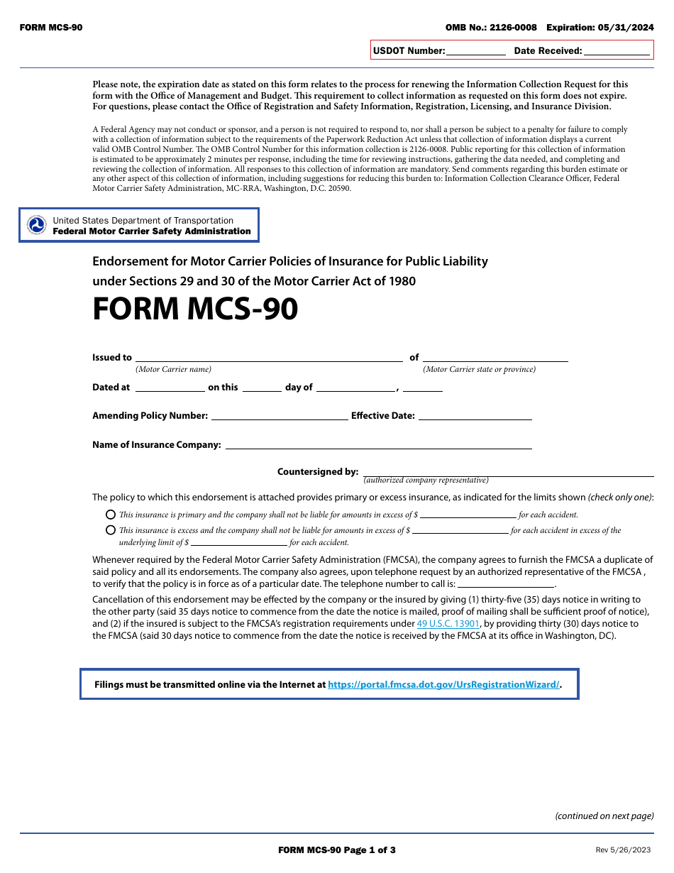 Form MCS-90 Endorsement for Motor Carrier Policies of Insurance for Public Liability Under Sections 29 and 30 of the Motor Carrier Act of 1980, Page 1