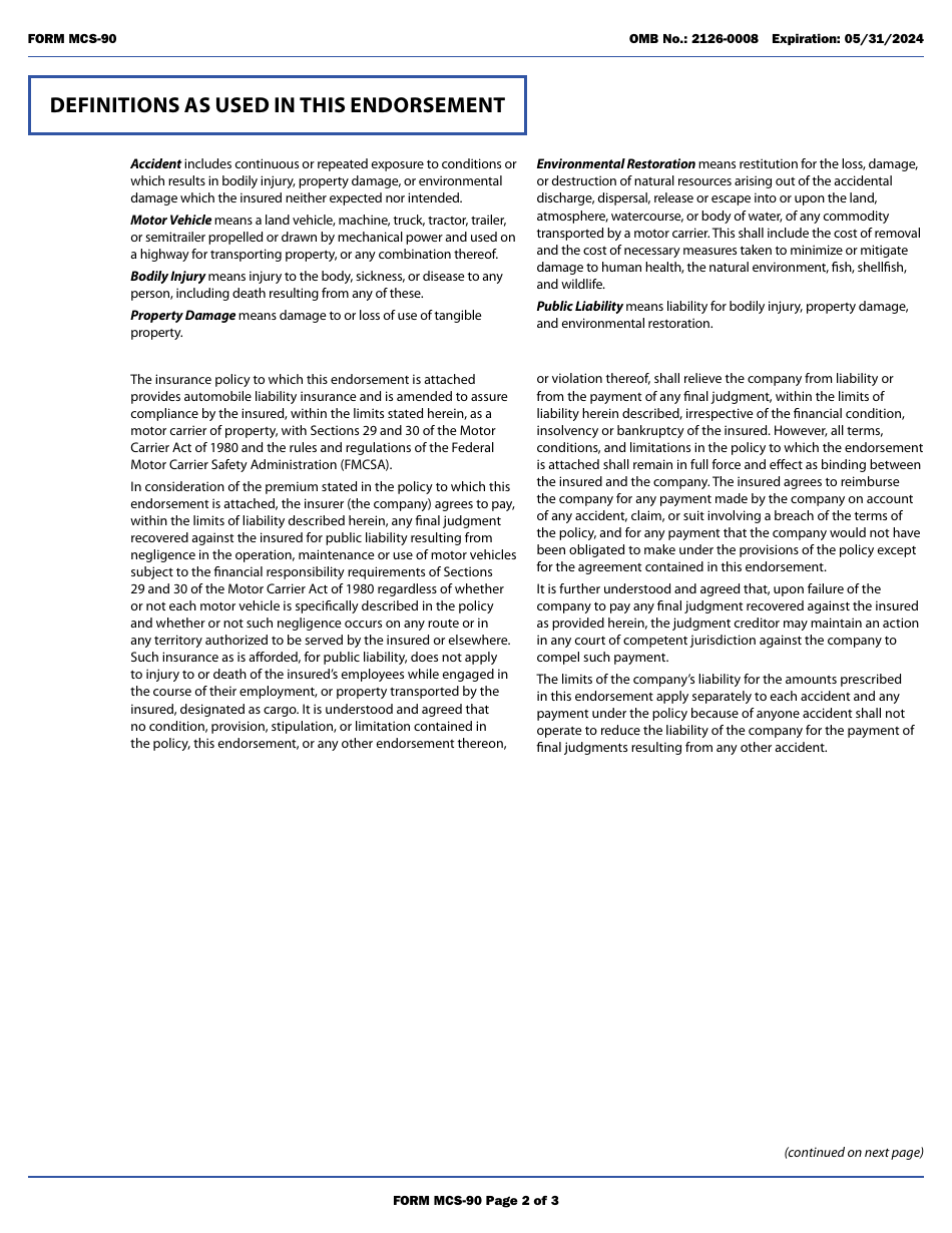 Form MCS-90 Endorsement for Motor Carrier Policies of Insurance for Public Liability Under Sections 29 and 30 of the Motor Carrier Act of 1980, Page 2