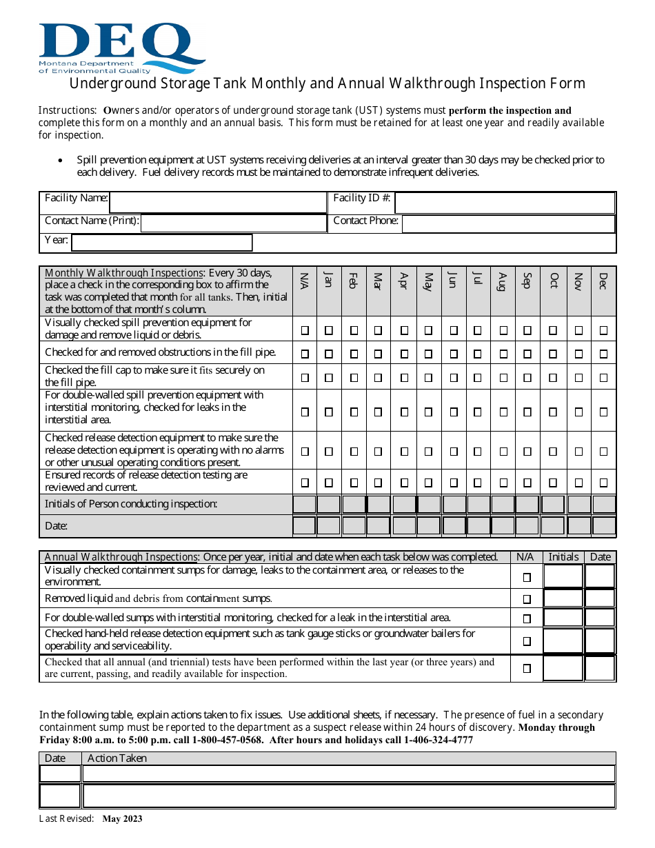 Underground Storage Tank Monthly and Annual Walkthrough Inspection Form - Montana, Page 1