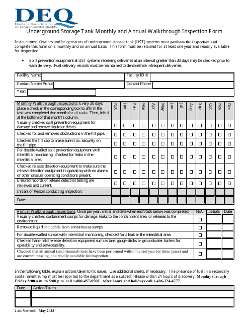 Underground Storage Tank Monthly and Annual Walkthrough Inspection Form - Montana Download Pdf