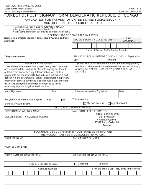 Form SSA-1199-OP146 Direct Deposit Sign-Up Form (Democratic Republic of Congo)
