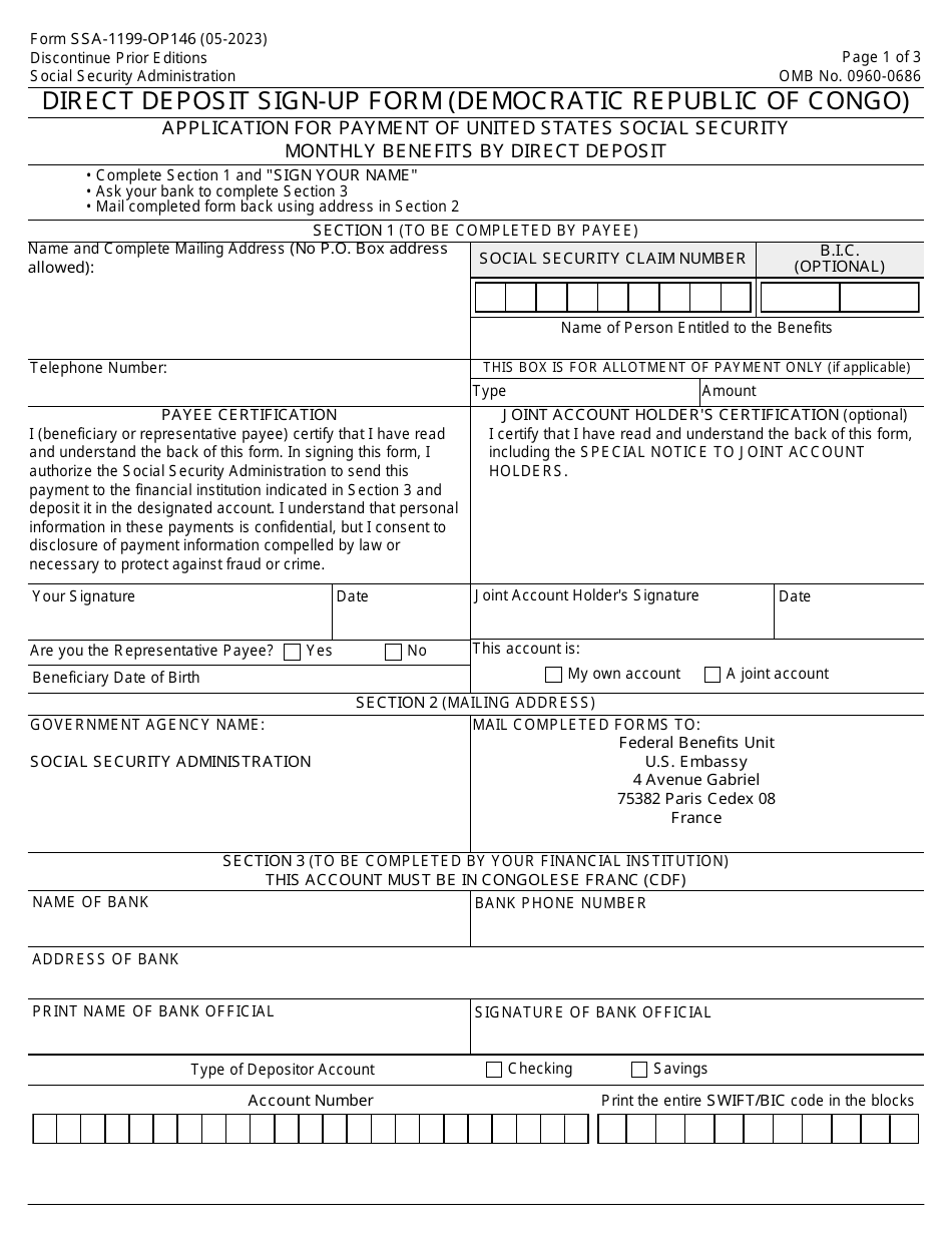 Form SSA-1199-OP146 Direct Deposit Sign-Up Form (Democratic Republic of Congo), Page 1