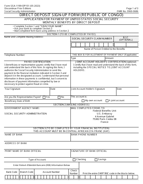 Form SSA-1199-OP151 Direct Deposit Sign-Up Form (Republic of Congo)