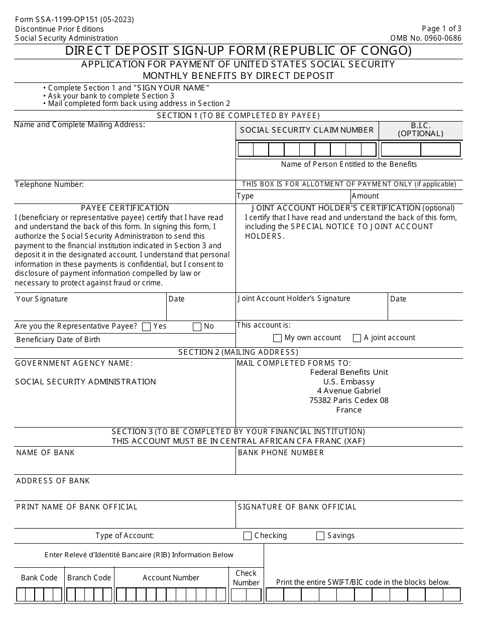 Form SSA-1199-OP151 Direct Deposit Sign-Up Form (Republic of Congo), Page 1