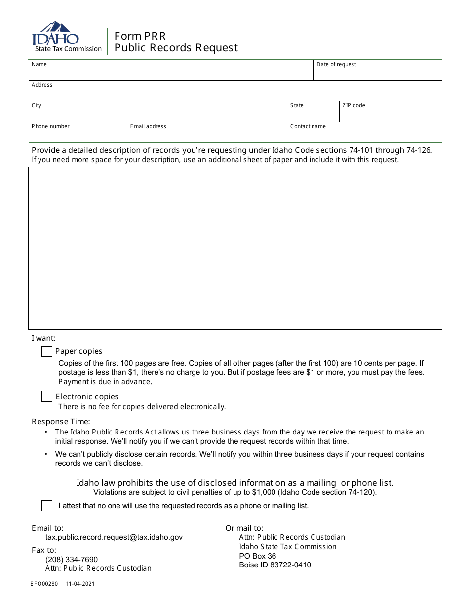 Form Prr Efo00280 Fill Out Sign Online And Download Fillable Pdf Idaho Templateroller 2065